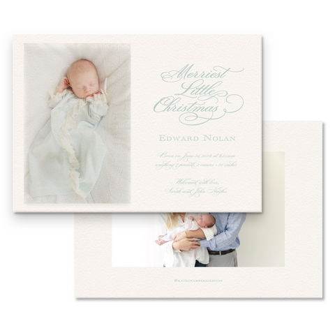 Simple Cream and Teal "Merriest Little Christmas" Landscape Holiday Card / Birth Announcement