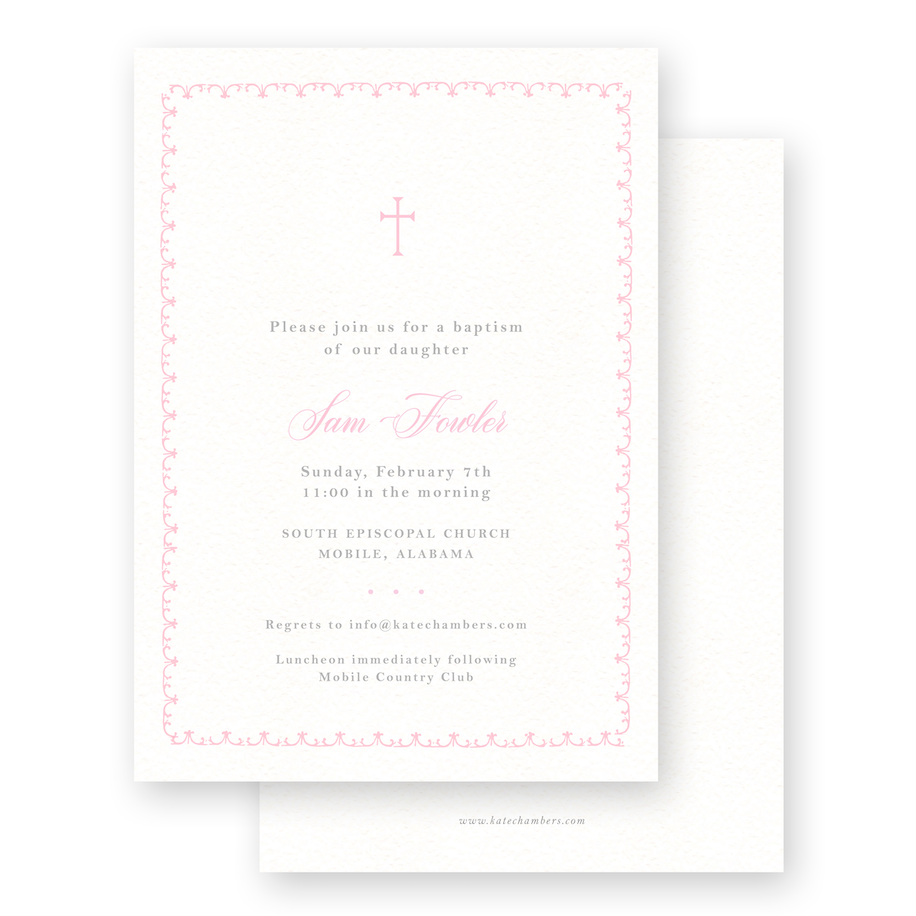 Pink & Grey Simple Cross with Detail Border Baptism Invitation