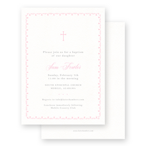 Pink & Grey Simple Cross with Detail Border Baptism Invitation