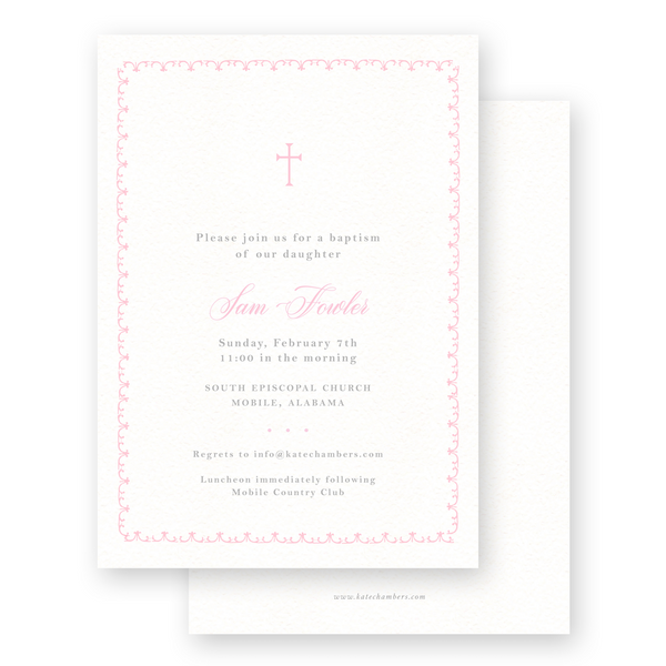 Pink & Grey Simple Cross with Detail Border Baptism Invitation