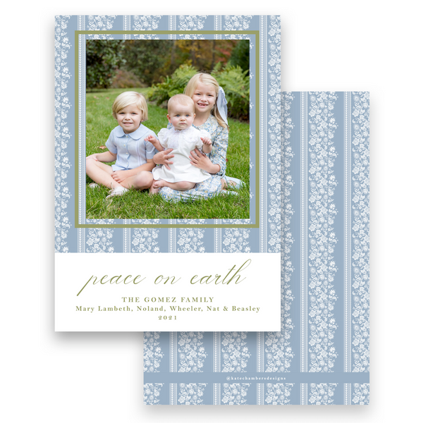 Blue Botanical Floral with Green Border "Peace on Earth" Portrait Holiday Card