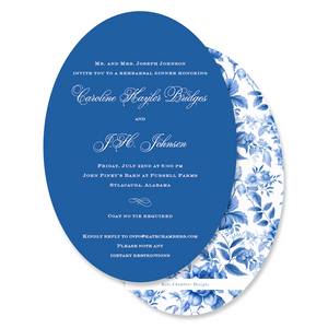 Classic Blue with Rose Floral Print Oval Rehearsal Dinner Invitation