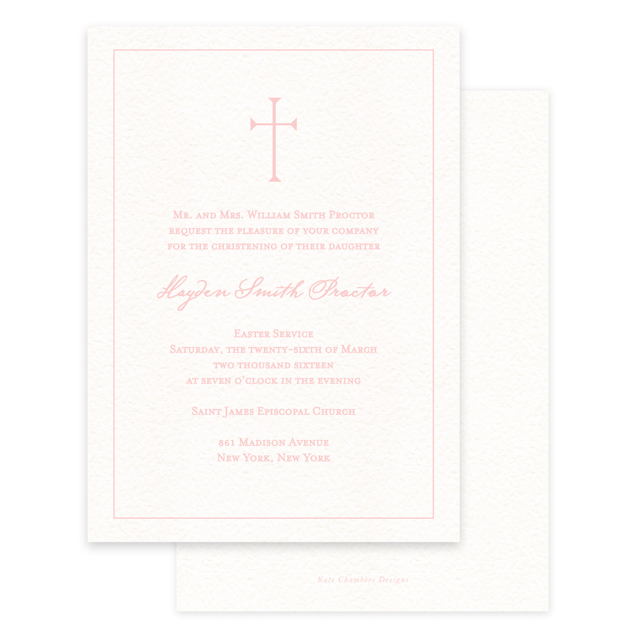 Peach Simple Cross & Border Baptism Invitation