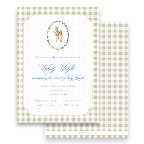 Watercolor Woodland Deer with Gingham Baby Shower Invitation