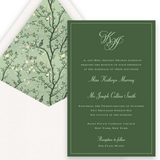 Green Monochromatic Script Logo Chinoiserie Wedding Invitation
