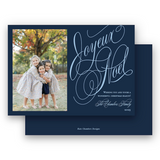 Navy and Blue Slanted Script "Joyeux Noel" Landscape Holiday Card