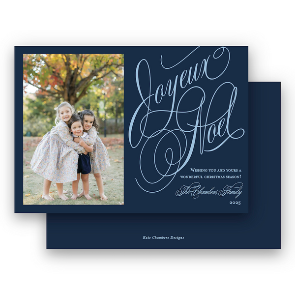 Navy and Blue Slanted Script "Joyeux Noel" Landscape Holiday Card