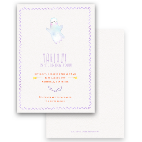 Purple Watercolor Ghost with Scallop Border Halloween Birthday Party Invitation