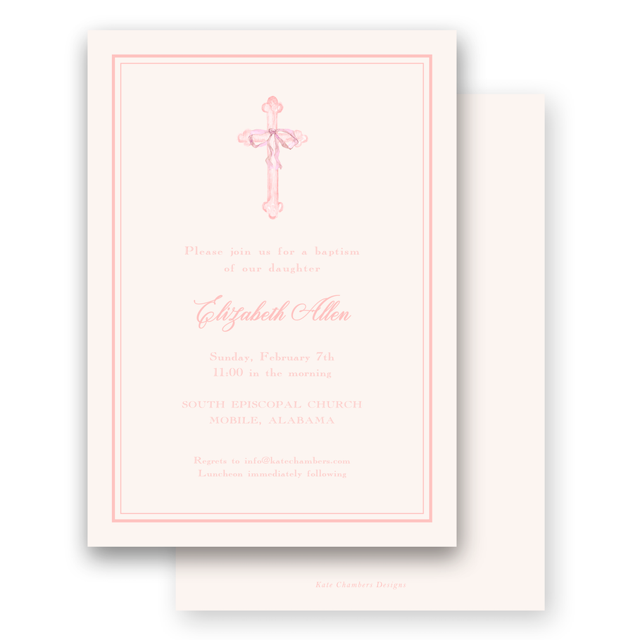 Watercolor Pink Cross with Bow Ribbon Baptism Invitation