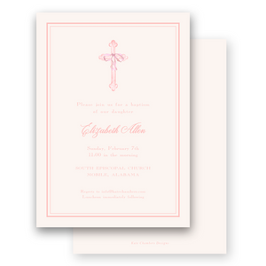 Watercolor Pink Cross with Bow Ribbon Baptism Invitation