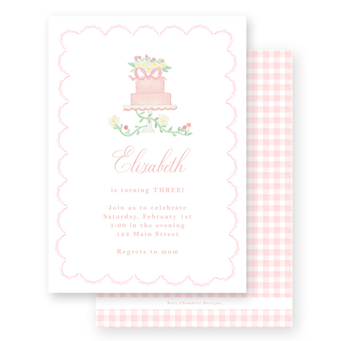 Watercolor Cake with Gingham Birthday Party Invitation