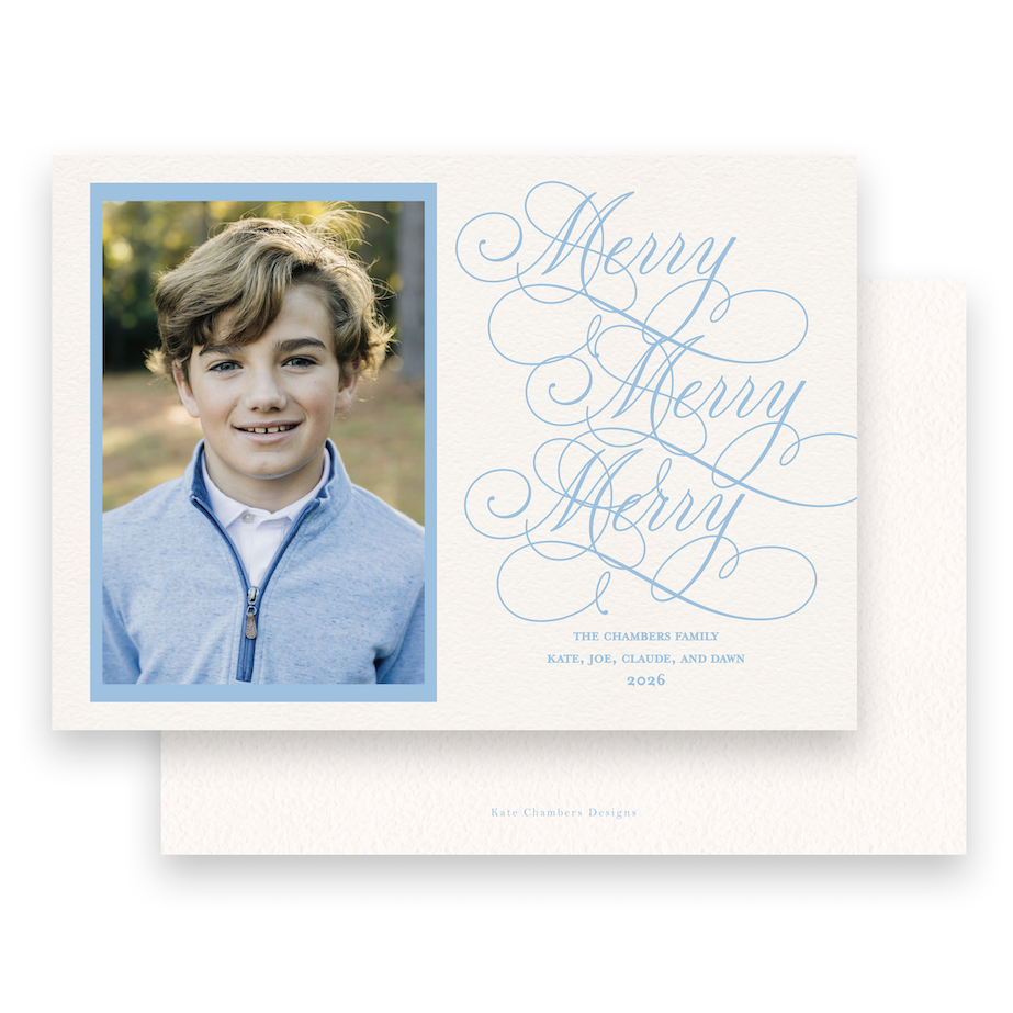 Natural and Blue Classic Calligraphy "Merry, Merry, Merry" Landscape Holiday Card