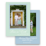 Blue, Mint, & Green Calligraphy Script "Peace on Earth" Portrait Holiday Card