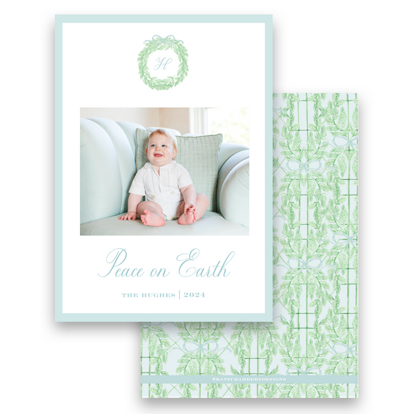 Watercolor Green Monogram Wreath with Blue Ribbon Bow Portrait Holiday Card