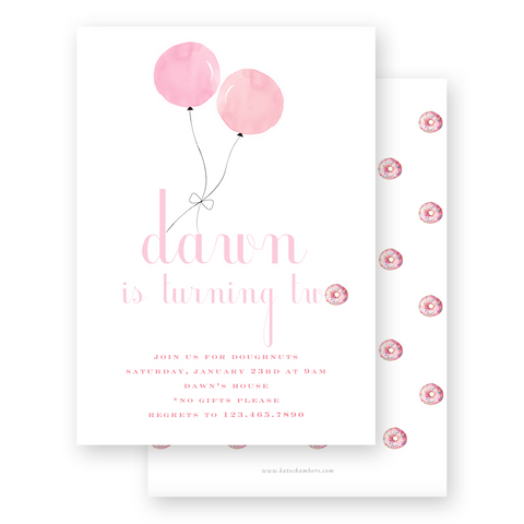 Watercolor Pink Balloons with Doughnuts Birthday Party Invitation