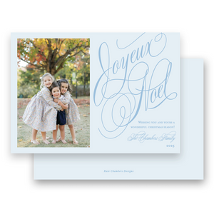 Blue Monochrome Slanted Script "Joyeux Noel" Landscape Holiday Card