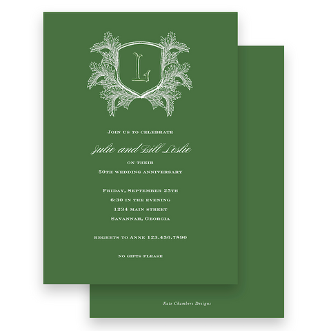 Green Leaf Botanical Monogram Crest Anniversary Party Invitation