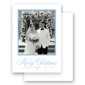 Blue Classic Calligraphy with Simple Border "Merry Christmas" Portrait Holiday Card