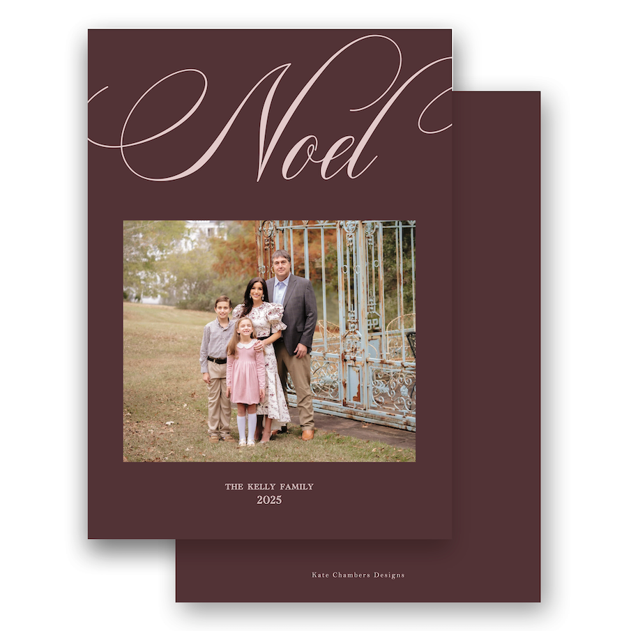 Claret and Blush Simple Script "Noel" Portrait Holiday Card