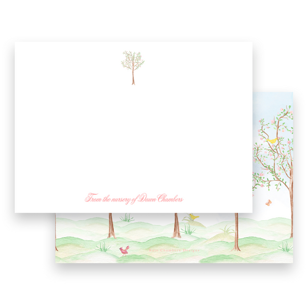 Watercolor Cherry Blossom Garden Scene Portrait Stationery