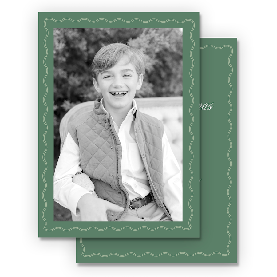 Green Double Wavy Border Portrait Full Picture Holiday Card