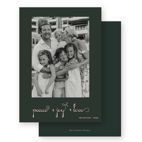 Casual Script "Peace, Joy, Love" Portrait Holiday Card