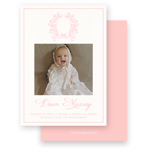 Girl's Peach Vintage Wreath with Bow Birth Announcement