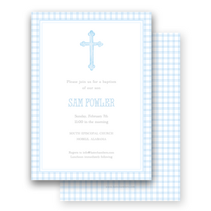 Blue Gingham with Watercolor Cross Baptism Invitation