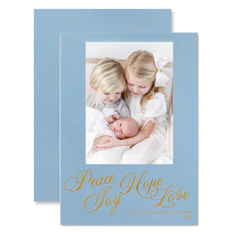 "Peace, Joy, Hope, Love" Foil Printed Photo Attached Holiday Card