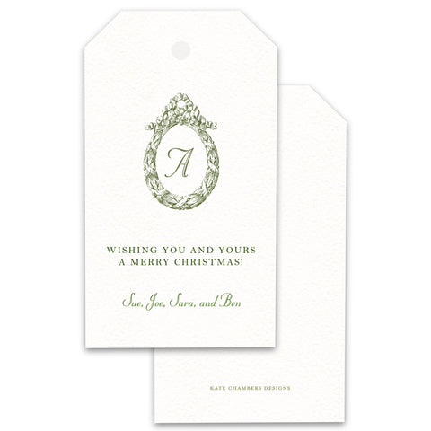 Vintage green Wreath with Monogram Merry Christmas Holiday Gift Tag enclosure card