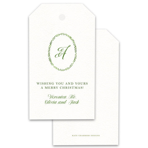 Green watercolor Wreath with Monogram Holiday Merry Christmas Gift Tag enclosure card