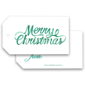 Watercolor Emerald Green Ribbon Merry Christmas Holiday Gift Tag enclosure card