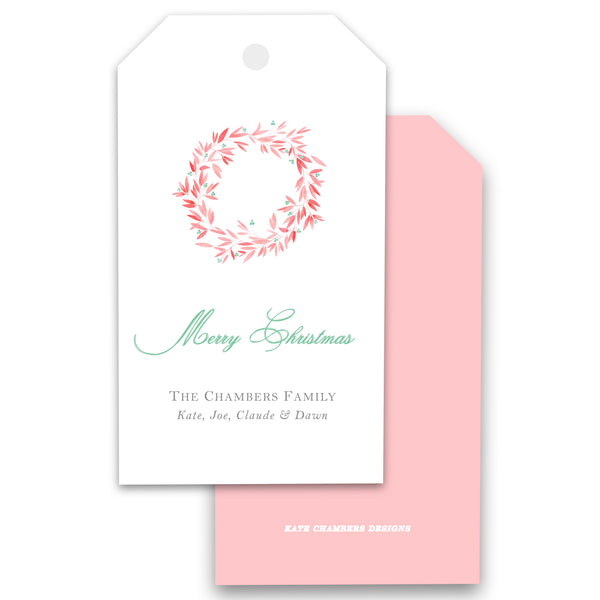 Watercolor Pink coral Wreath Merry Christmas Holiday Gift Tag enclosure card