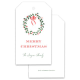 Watercolor Traditional Wreath with Red Bow Holiday Gift Tag