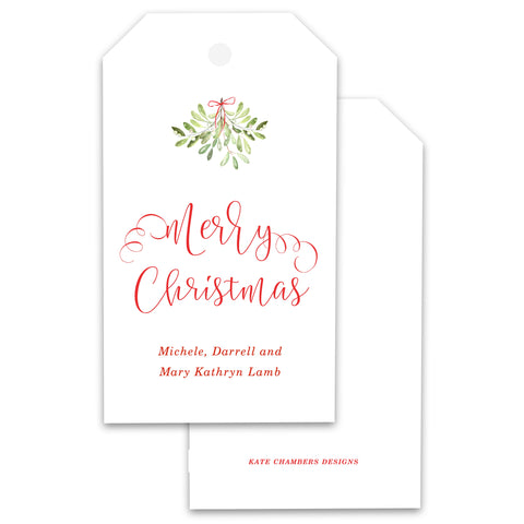 Watercolor mistletoe red bow Holiday gift tag Christmas enclosure card