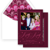 Burgundy and fuchsia "Merry Merry" + stars Holiday Card
