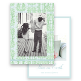 Watercolor Green Monogram Wreath with Blue Ribbon Bow Portrait Holiday Card