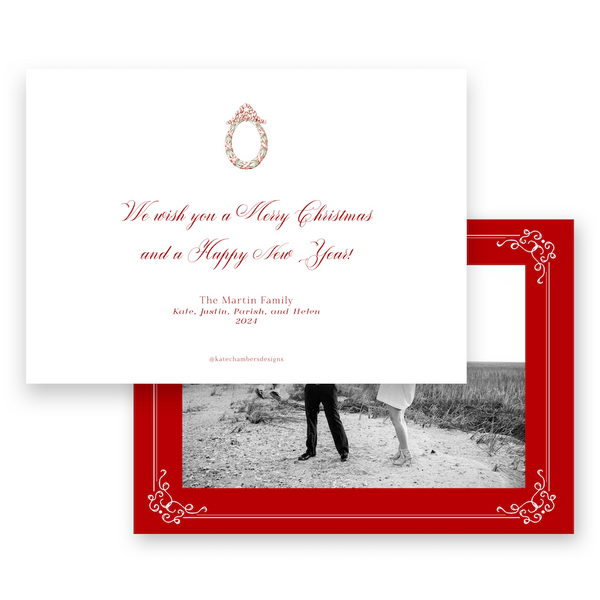 Red & White Vintage Border with Wreath Landscape Holiday Card