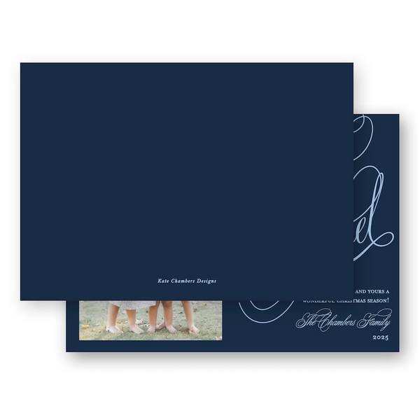 Navy and Blue Slanted Script "Joyeux Noel" Landscape Holiday Card