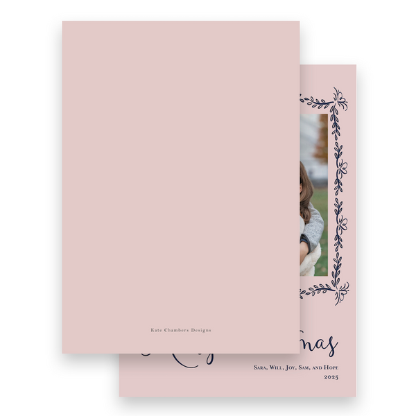 Blush Pink with Navy Floral Border Portrait Holiday Card