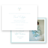 Watercolor Green Monogram Wreath with Blue Ribbon Bow Landscape Holiday Card