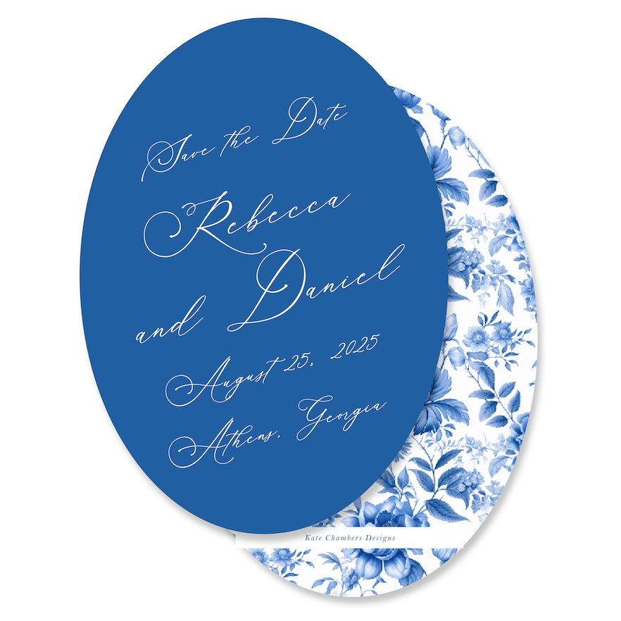 Classic Blue with Rose Floral Print Oval Save The Date Invitation