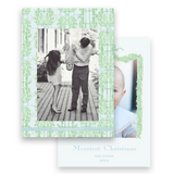 Watercolor Green Garland with Blue Ribbon Bow Portrait Holiday Card