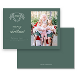 Forest and Pistachio Botanical Crest Monogram Landscape Holiday Card