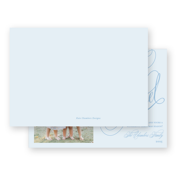 Blue Monochrome Slanted Script "Joyeux Noel" Landscape Holiday Card