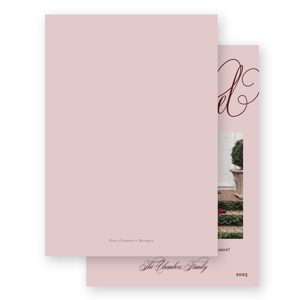 Blush Pink and Maroon Script "Joyeux Noel" Portrait Holiday Card