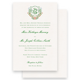 Green Floral Watercolor Crest with Trellis Empire Script Wedding Invitation