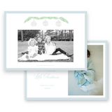 Watercolor Bell with Blue Bow and Ornaments Landscape Holiday Card