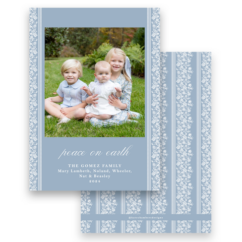 Blue Botanical Floral Vertical Border "Peace on Earth" Portrait Holiday Card