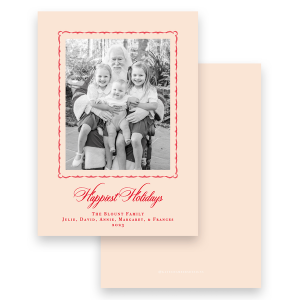 Red & Pink Border with Florentine Design "Happy Holidays" Portrait Holiday Card